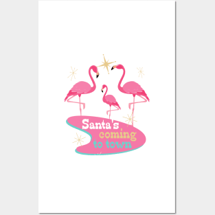 Retro Flamingos Midcentury Modern Christmas Posters and Art